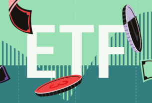 Illustration of generic coins and bills floating over graph with the &apos;ETF&apos; in the center